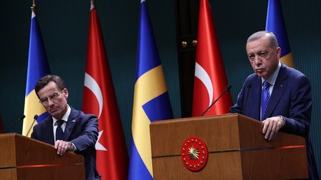 Le Premier ministre suédois Ulf Kristersson et le président turc Recep Tayyip Erdogan lors d'une conférence de presse commune, le 8 novembre 2022 (image d'illustration).