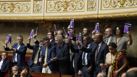Des membres du groupe Liot brandissent des exemplaires de la Constitution à l'Assemblée nationale, le 8 juin 2023 à Paris, lors du débat parlementaire sur la proposition de loi de l'opposition visant à ramener l'âge de la retraite à 62 ans.