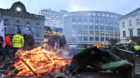 Une statue déboulonnée et incendiée par des agriculteurs en colère, sur la place du Luxembourg, devant le Parlement européen, ce 1er février 2024.