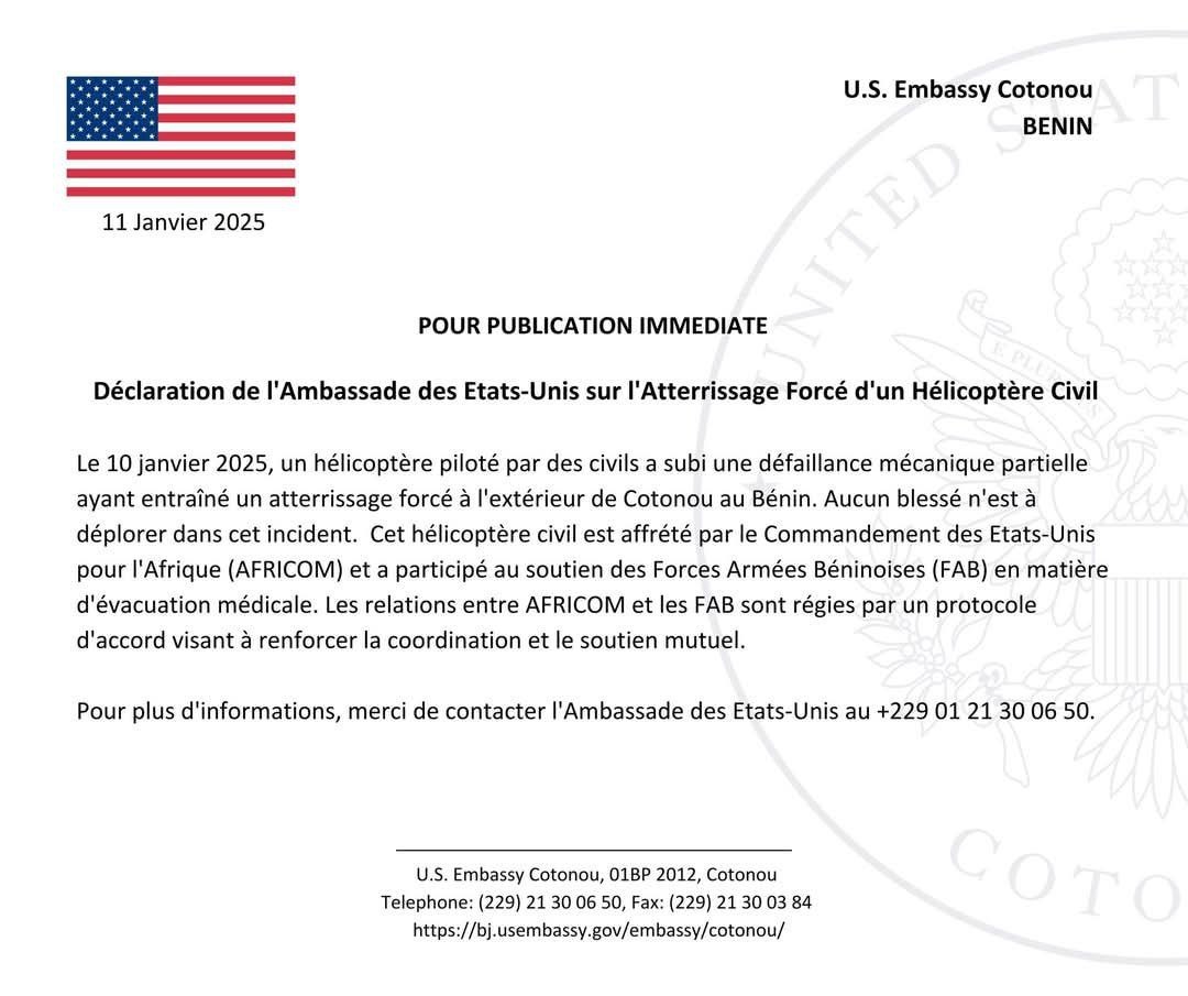 Bénin : crash d’un hélicoptère américain près de Cotonou, aucune victime