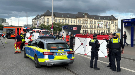 Des véhicules de police et de secours aux abords de la gare d'Hambourg, le 23 mai 2025.