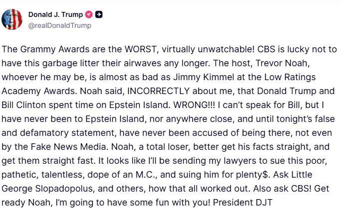 Grammy Awards : Donald Trump s’en prend à Trevor Noah après une allusion à l’affaire Epstein