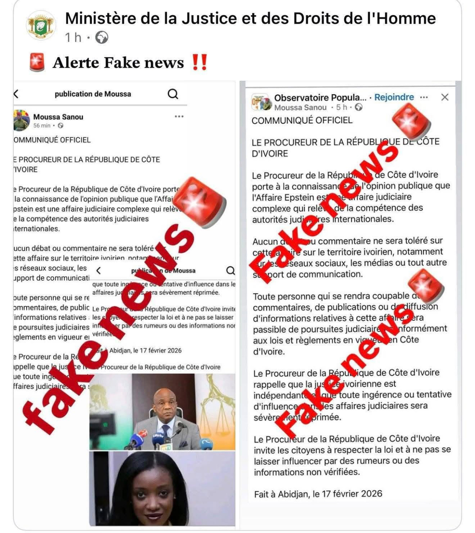 Côte d’Ivoire : le ministère de la Justice dément un faux communiqué lié à l’affaire Epstein et le procureur d'Abidjan
