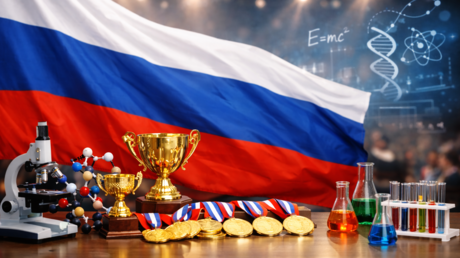 Médailles d’or, trophées et instruments scientifiques devant le drapeau russe : une mise en scène symbolique des succès de la Russie aux olympiades internationales. [Illustration générée à l’aide de l’IA]