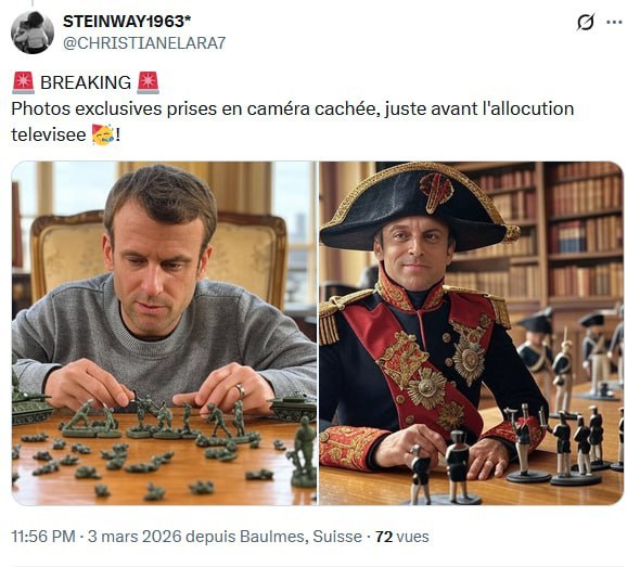 Le président français de nouveau au centre des moqueries : «Macron a sorti son petit soldat de plomb pour se prendre pour un grand chef de guerre»