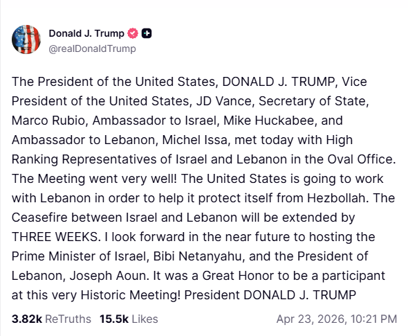 Donald Trump annonce la prolongation de la trêve entre Israël et le Liban