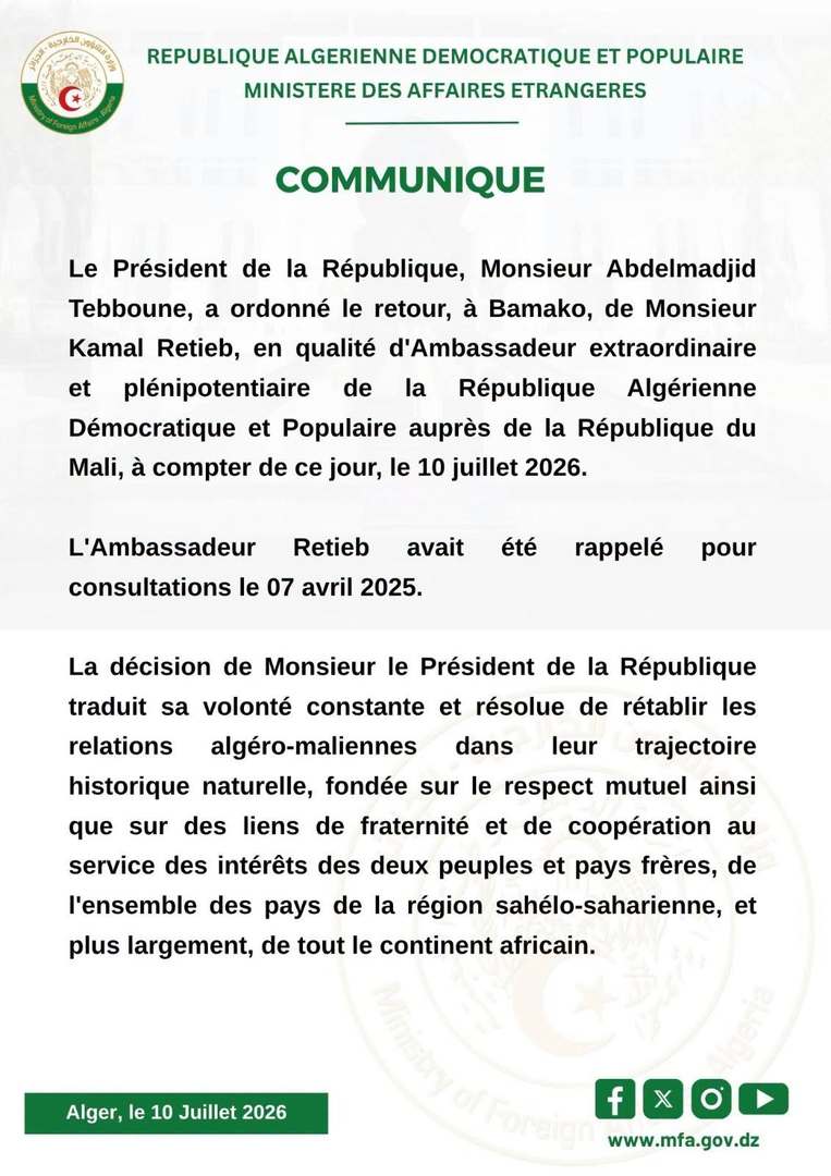 Algérie-Mali : après 15 mois de crise, les deux pays rétablissent leurs relations diplomatiques