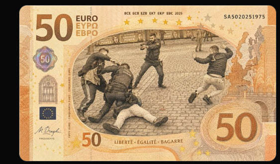 Reptiliens, gifle présidentielle et toilettes en or : le Web dessine les futurs billets de l'UE