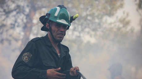Des équipes de la protection civile et des pompiers luttent contre les flammes dans une zone montagneuse boisée à El Hachimia, dans la province de Bouira, le 21 juillet 2026.