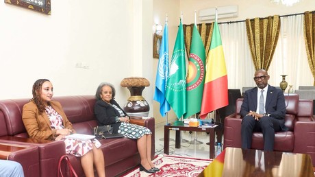 Le ministre malien des Affaires étrangères, Abdoulaye Diop, recevant l'experte indépendante chargée de la revue stratégique de l'UNOWAS, Sahle-Work Zewde, à Bamako, au Mali, le 17 août 2026