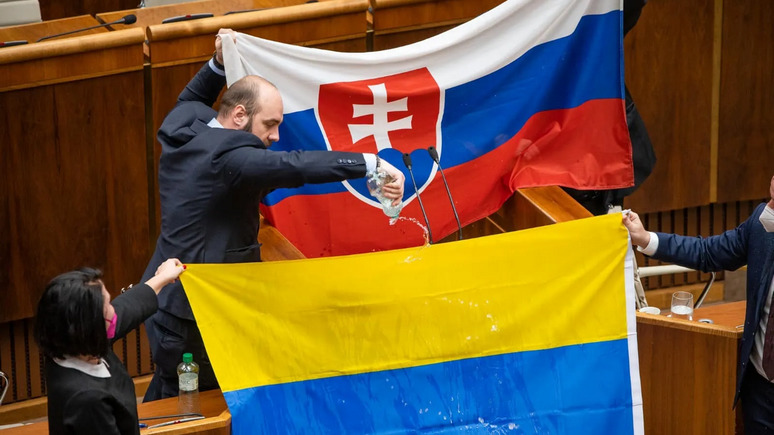 Обозреватель: в словацком парламенте депутат облил водой флаг Украины