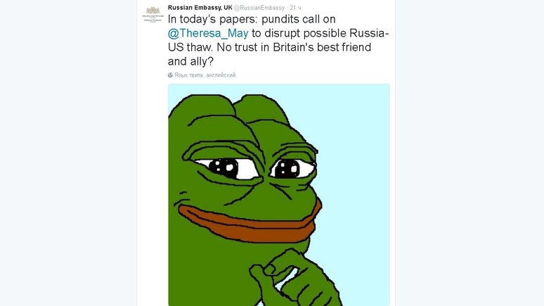 Sun: Посольство России в Лондоне раскритиковали за мем «лягушки-неонациста»