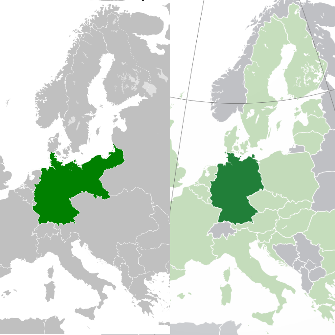 Слева: Германская империя в 1871—1918 годах. Справа: современная Германия