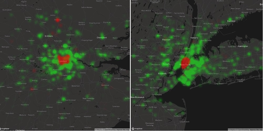 Красный цвет означает отток, зелёный — рост интернет-трафика. Нью-Йорк и Лондон