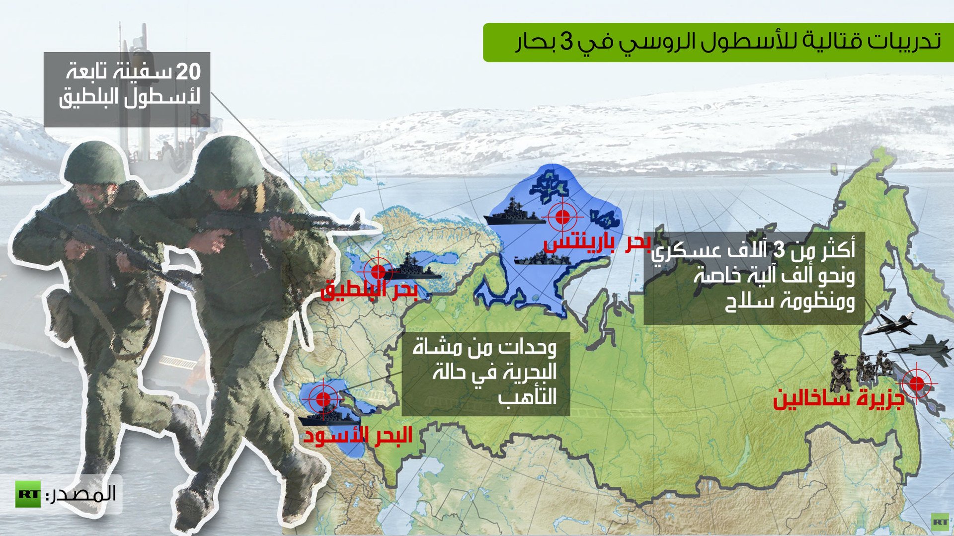 إنفوجرافيك: تدريبات قتالية للأسطول الروسي في 3 بحار