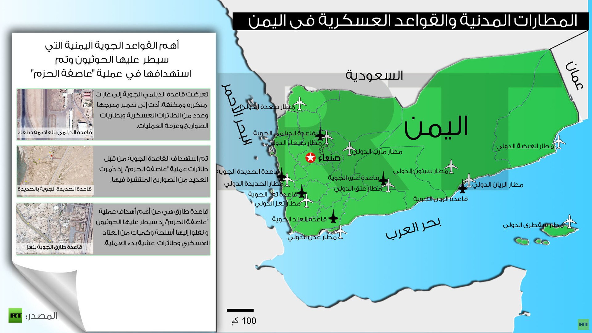 إنفوجرافيك: المطارات المدنية والقواعد العسكرية في اليمن