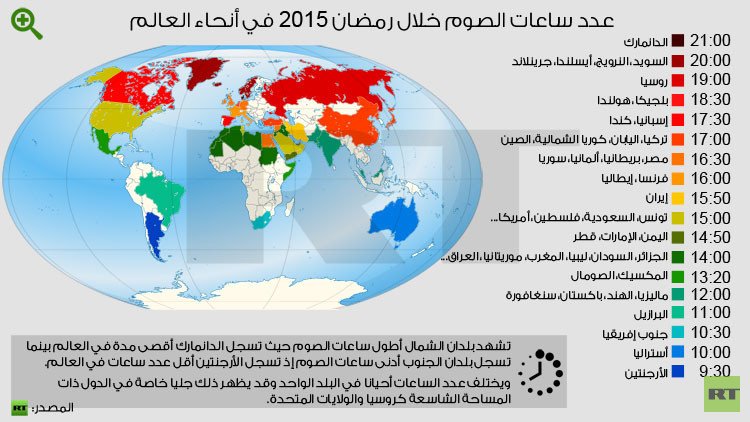 عدد ساعات الصوم خلال رمضان 2015 في جميع أنحاء العالم (إنفوجرافيك)