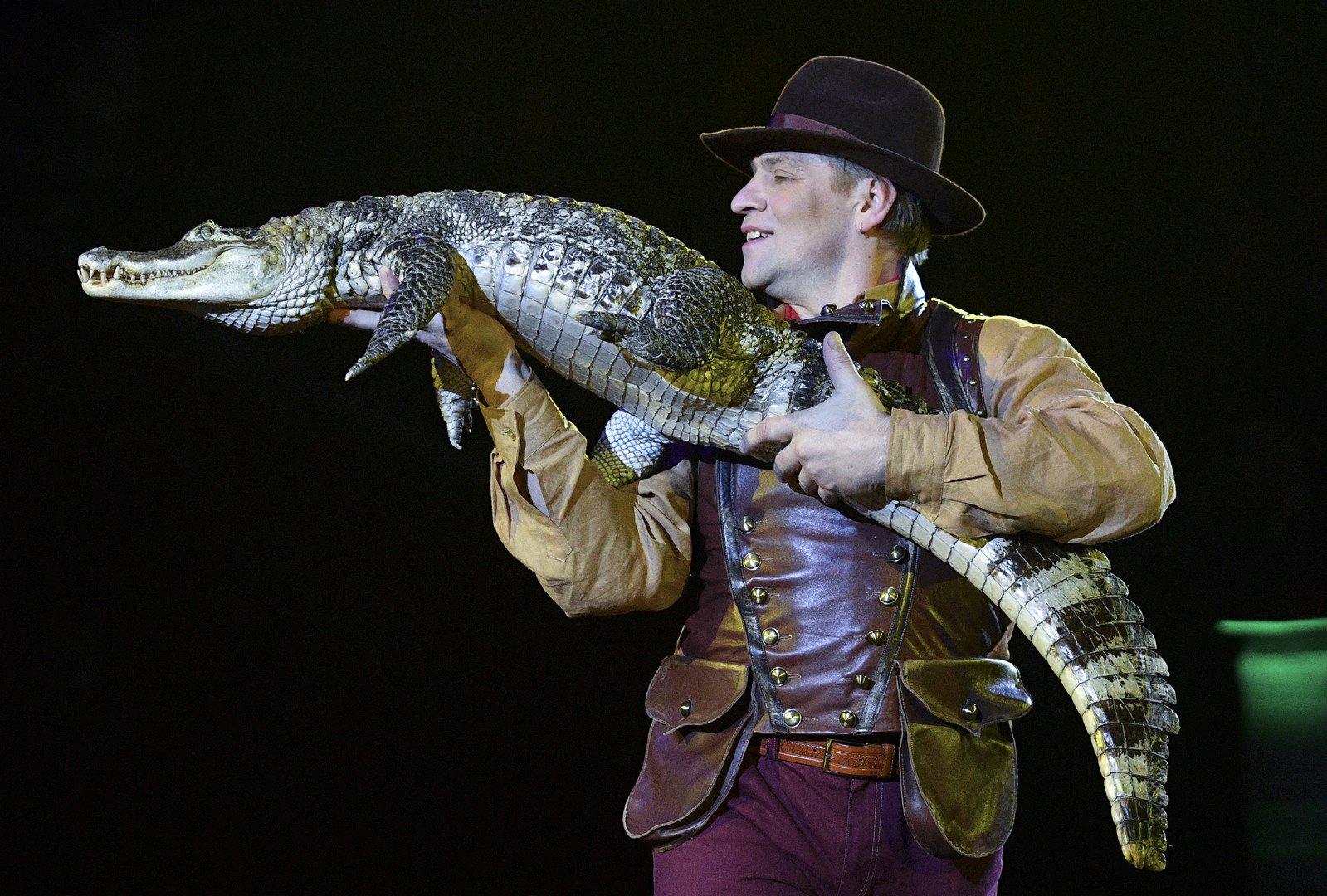 فنان يقدم عرضا مع تمساح ضمن برنامج السيرك الجديد