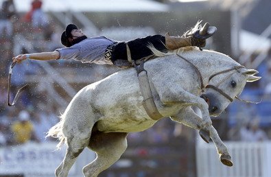 راعي بقر يركب حصانا غير مروض في أثناء الاحتفالات الجارية في مونتيفيديو