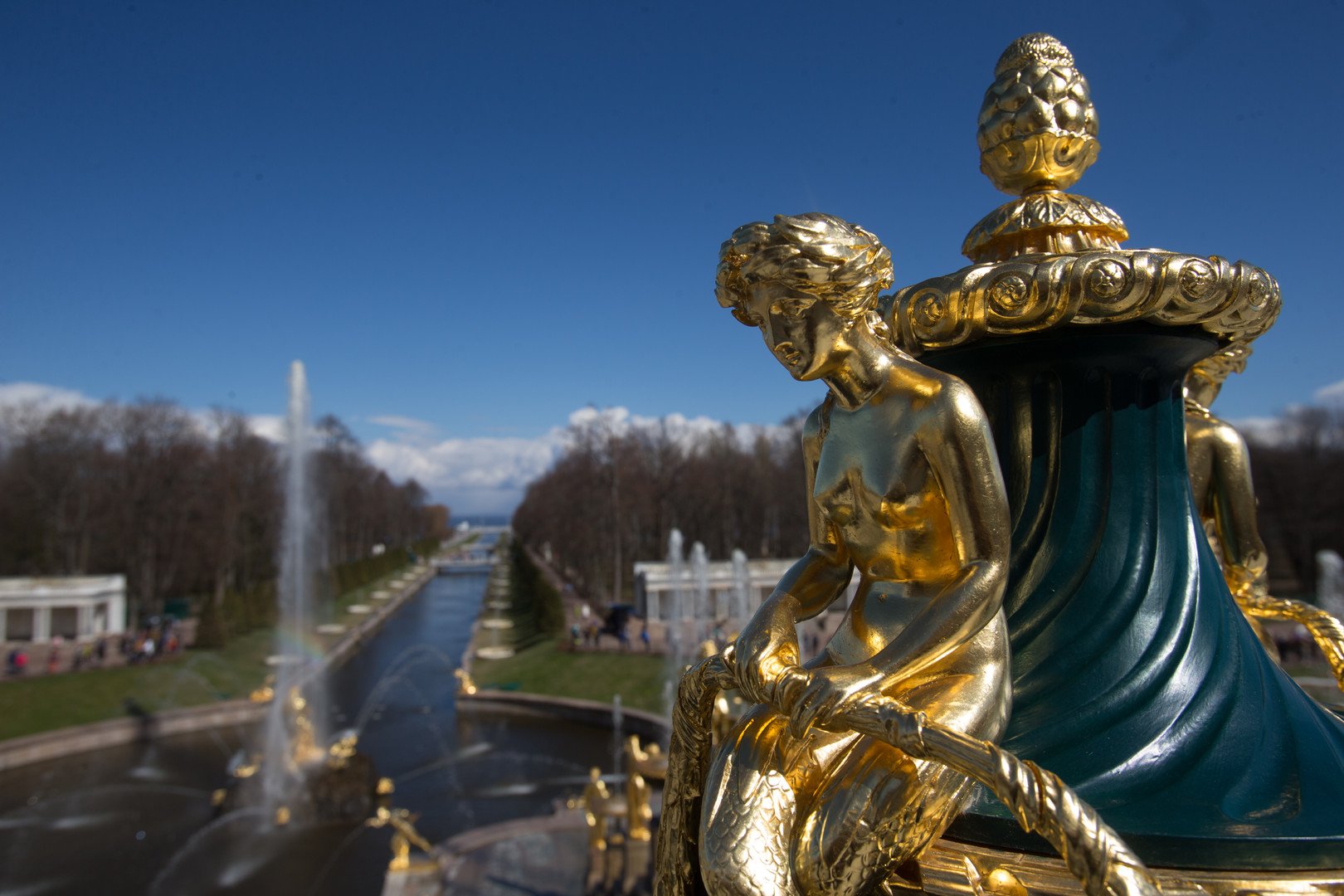 نوافير مجموعة الشلالات الكبرى في يوم تشغيلها في محمية حكومية لمجمع بيترهوف المعماري الفني