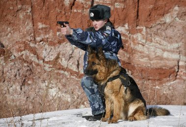 امرأة ضابط في الجيش تتدرب على الرمي وبجانبها كلبها