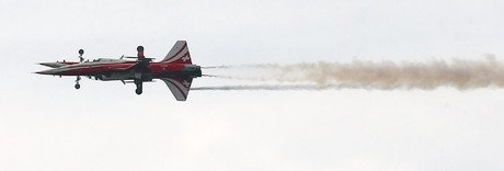 طائرة من السرب الاستعراضي الجوي السويسري في أثناء إظهار المهارات في معرض برلين الجوي في شونفيلد بالقرب من برلين، 2 يونيو/حزيران2016.