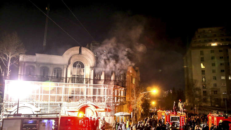 السفارة السعودية في طهران بعد اقتحامها وإحراقها من قبل المتظاهرين الإيرانيين يوم 2 يناير 2016