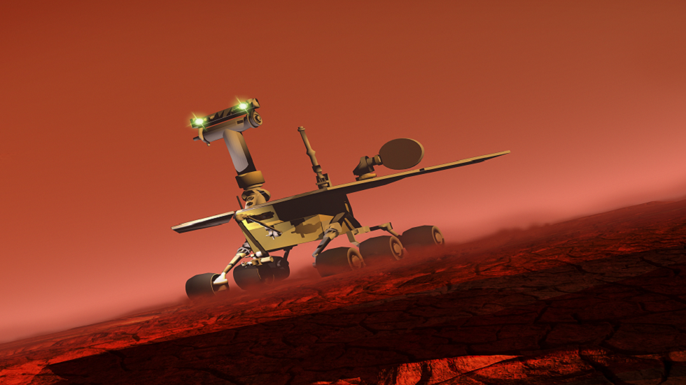 عمل فني حاسوبي لمركبة مهمة مختبر علوم المريخ (MSL)، كيوريوسيتي، على سطح المريخ
