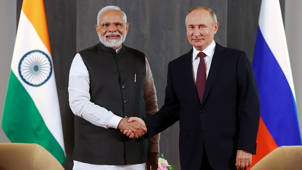 لقاء الرئيس الروسي فلاديمير بوتين ورئيس الوزراء الهندي ناريتدرا مودي على هامش قمة منظمة شنغهاي للتعاون في سمرقند في سبتمبر 2022