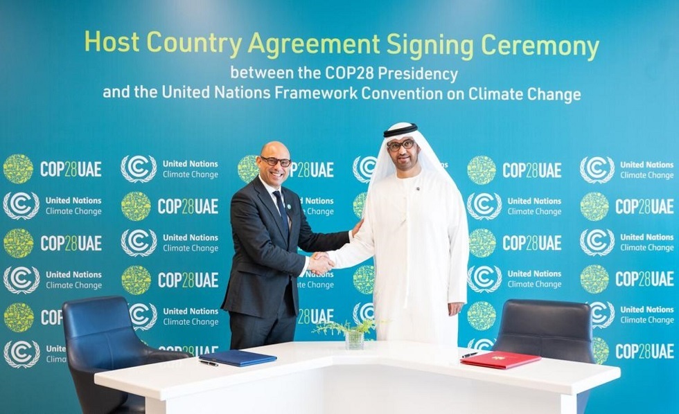 الإمارات.. توقيع رئاسة COP28 والأمانة التنفيذية لاتفاقية الأمم المتحدة الإطارية بشأن تغير المناخ على اتفاقية البلد المضيف