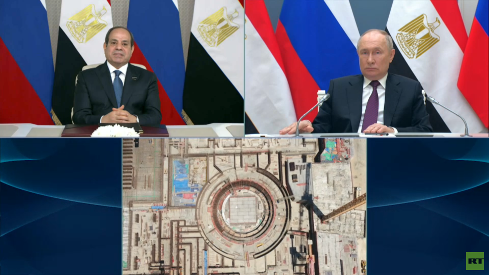 بوتين والسيسي يشاركان في حفل صب خرسانة المفاعل الرابع بمحطة الضبعة النووية (فيديو)