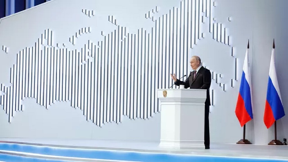 الرئيس الروسي فلاديمير بوتين خلال خطابه أمام الجمعية الفيدرالية