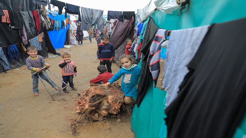 أطفال فلسطينيون في مخيم مؤقت في مدينة رفح جنوب قطاع غزة