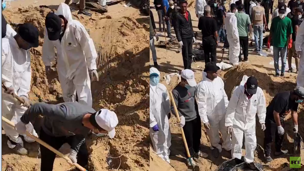 انتشال جثامين فلسطينيين دفنها الجيش الإسرائيلي بمقبرة جماعية داخل مجمع ناصر بخان يونس (فيديو)