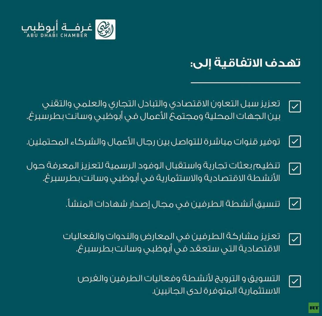 غرفة أبوظبي توقع اتفاقية تعاون مع غرفة تجارة وصناعة سانت بطرسبرغ