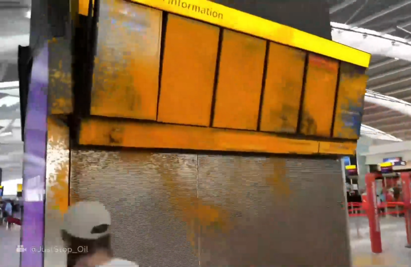 شاهد.. رشق مطار هيثرو في لندن بالطلاء البرتقالي