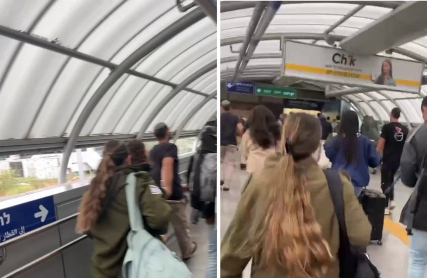 لحظة هروب الجنود والمسافرين من محطة قطارات في تل أبيب إثر هجوم صاروخي من لبنان