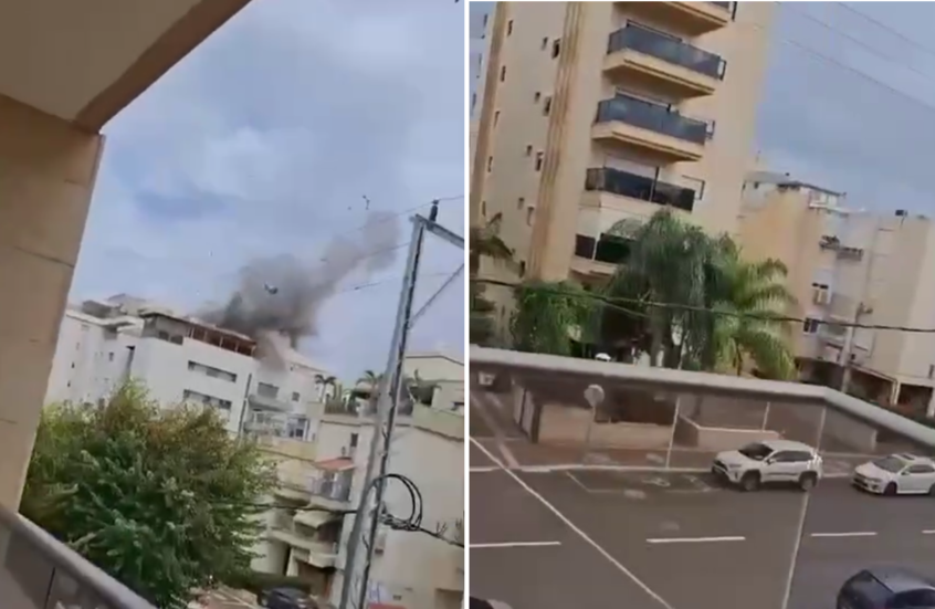 لحظة إصابة مبنى في بيتاح تكفا شرق تل أبيب بصاروخ قادم من لبنان