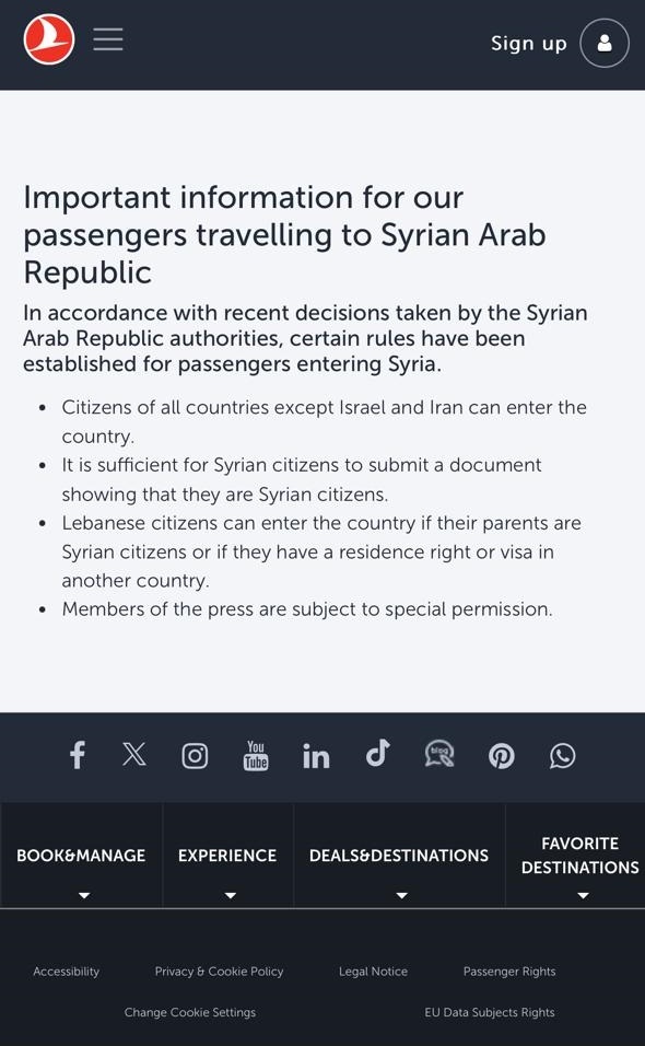 ﻿الخطوط الجوية التركية تصدر تعليمات هامة للمسافرين إلى سوريا