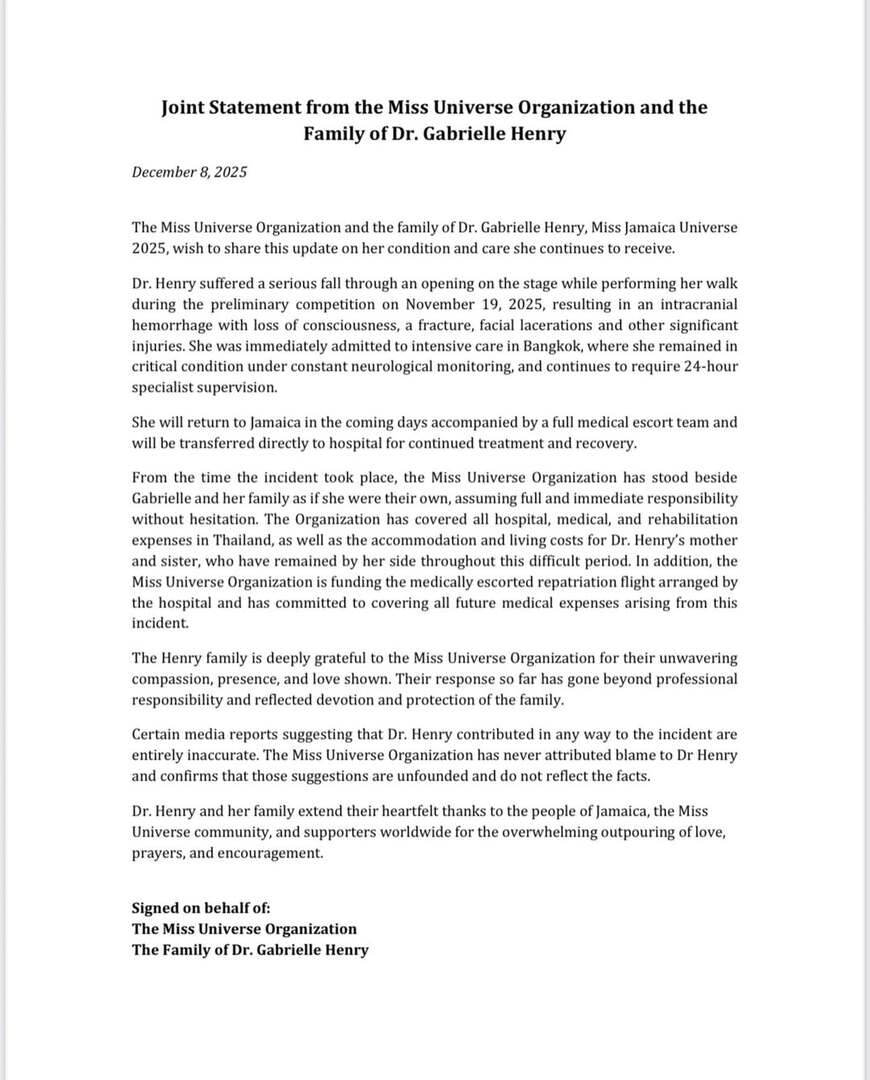 ملكة جمال الكون تغادر العناية المركزة..الكشف عن الحالة الصحية لغابرييل هنري بعد سقوطها المروع