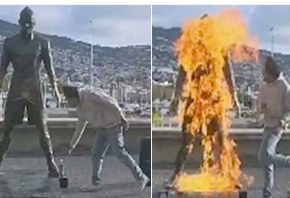شاب برتغالي يحرق تمثال رونالدو في ماديرا.. ويرفق الفيديو برسالة غريبة باسم "الله"! (فيديو)