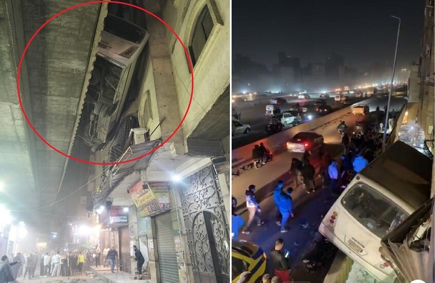 لحظات مرعبة.. حافلة ركاب مصرية معلقة في الهواء بعد انحرافها أعلى كوبري (فيديو)