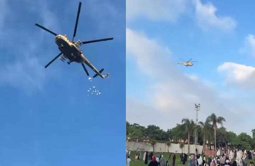 هليكوبتر يمطر المصلين بالهدايا في مصر.. ما قصته؟ (فيديو)
