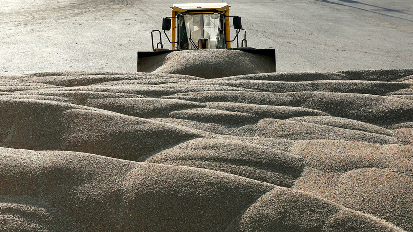 A driver operates a tractor to pile wheat grains at the drying house of the Solgonskoye farming company near the village of Talniki, southwest of the Siberian city of Krasnoyarsk, Russia.