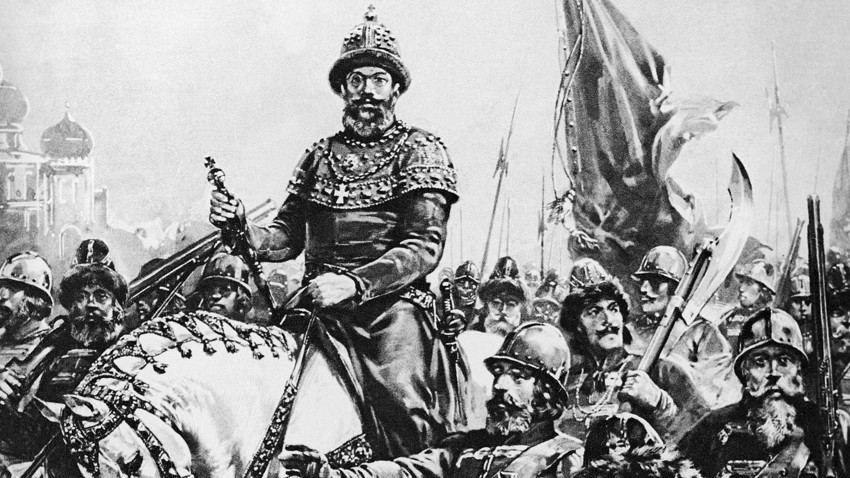 Porträt von Iwan dem Schrecklichen mit den ersten Soldaten Russlands