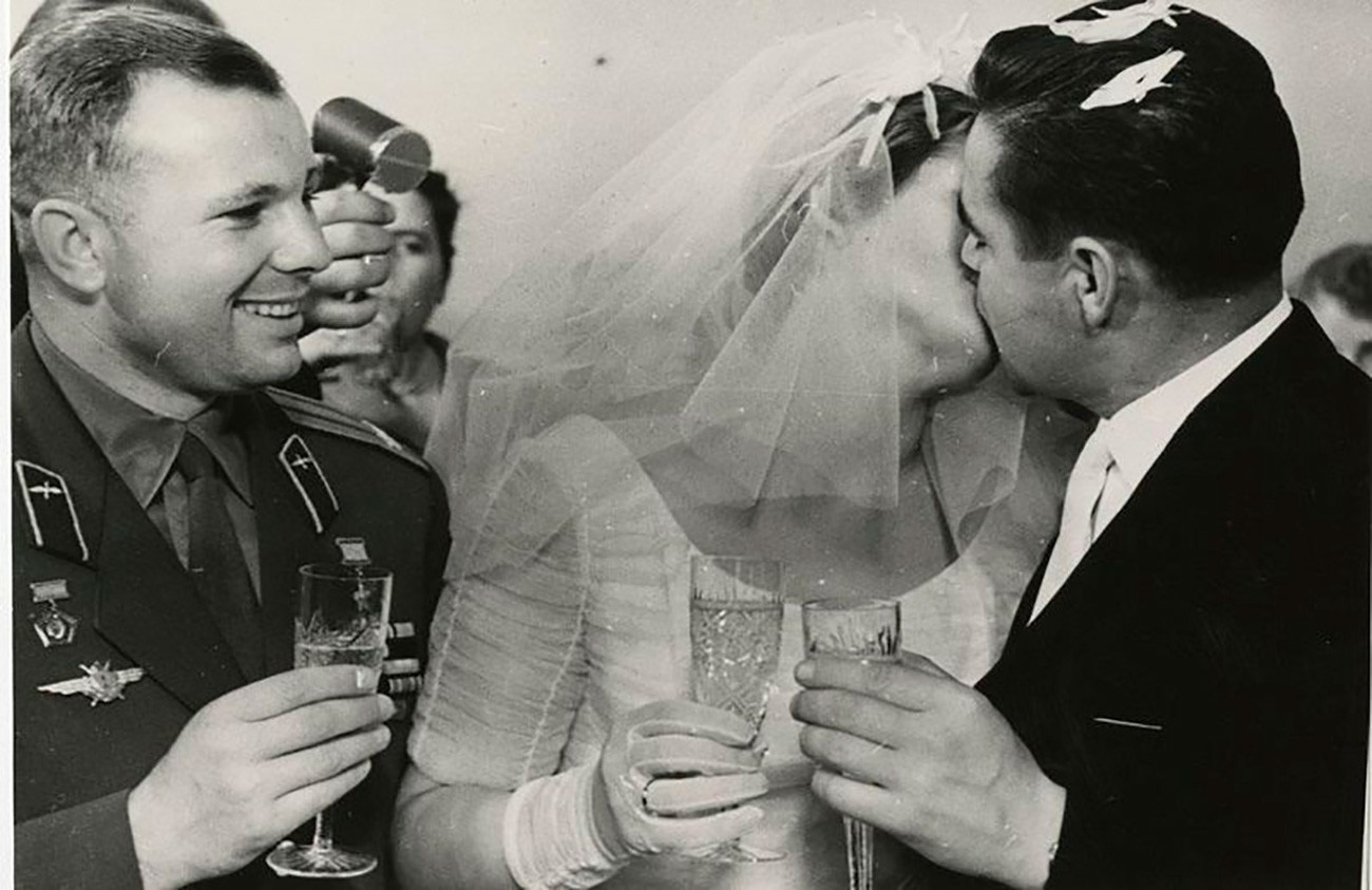 The wedding of Valentina Tereshkova and Andriyan Nikolayev. Nikolayev flew on two spaceflights: Vostok 3 in 1962 and Soyuz 9 in 1970. On both, he set new endurance records for the longest time a human being had remained in orbit. Nov. 3, 1963.