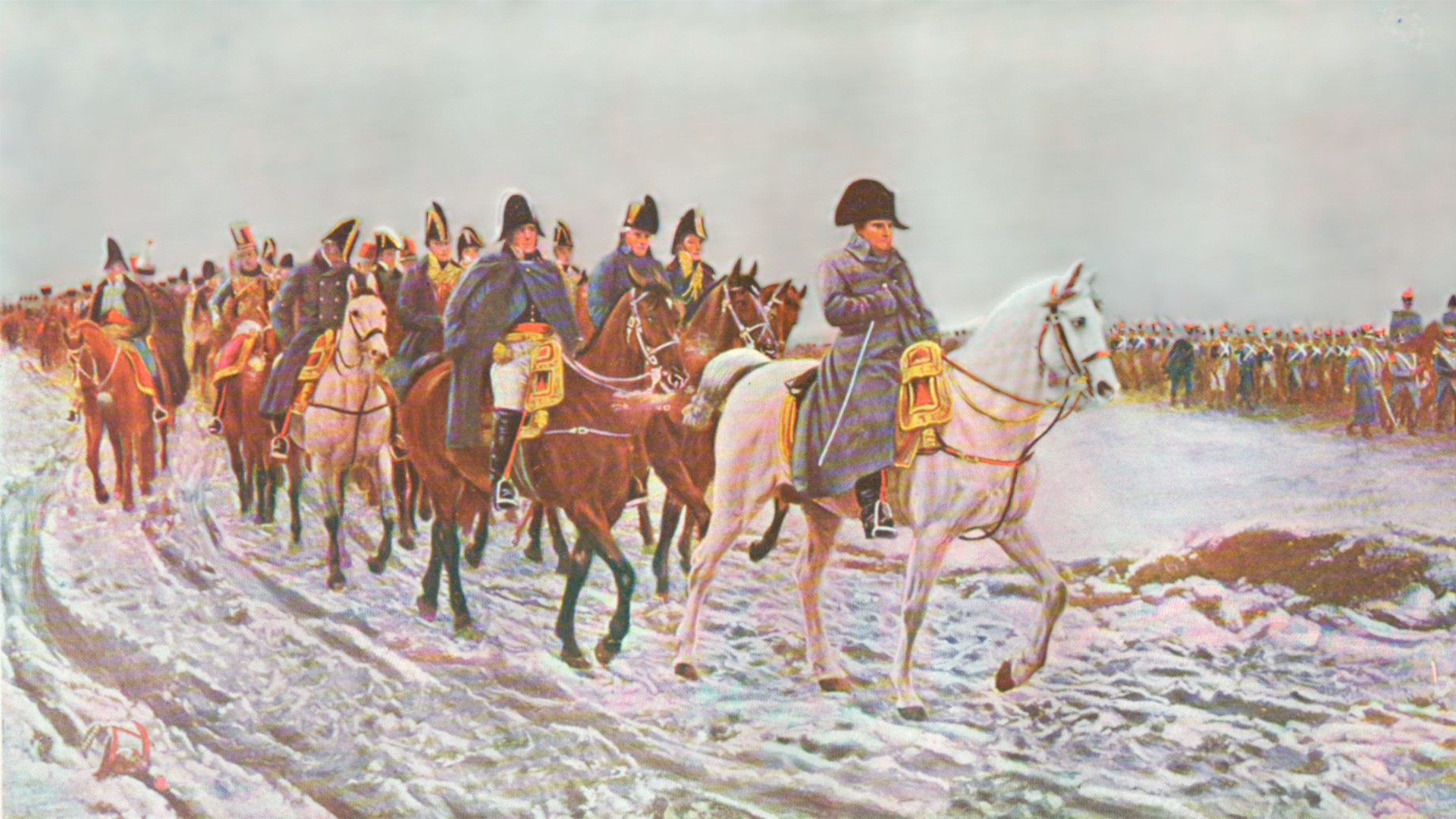 Napoleonova vojska po vojaškem porazu v Rusiji. 