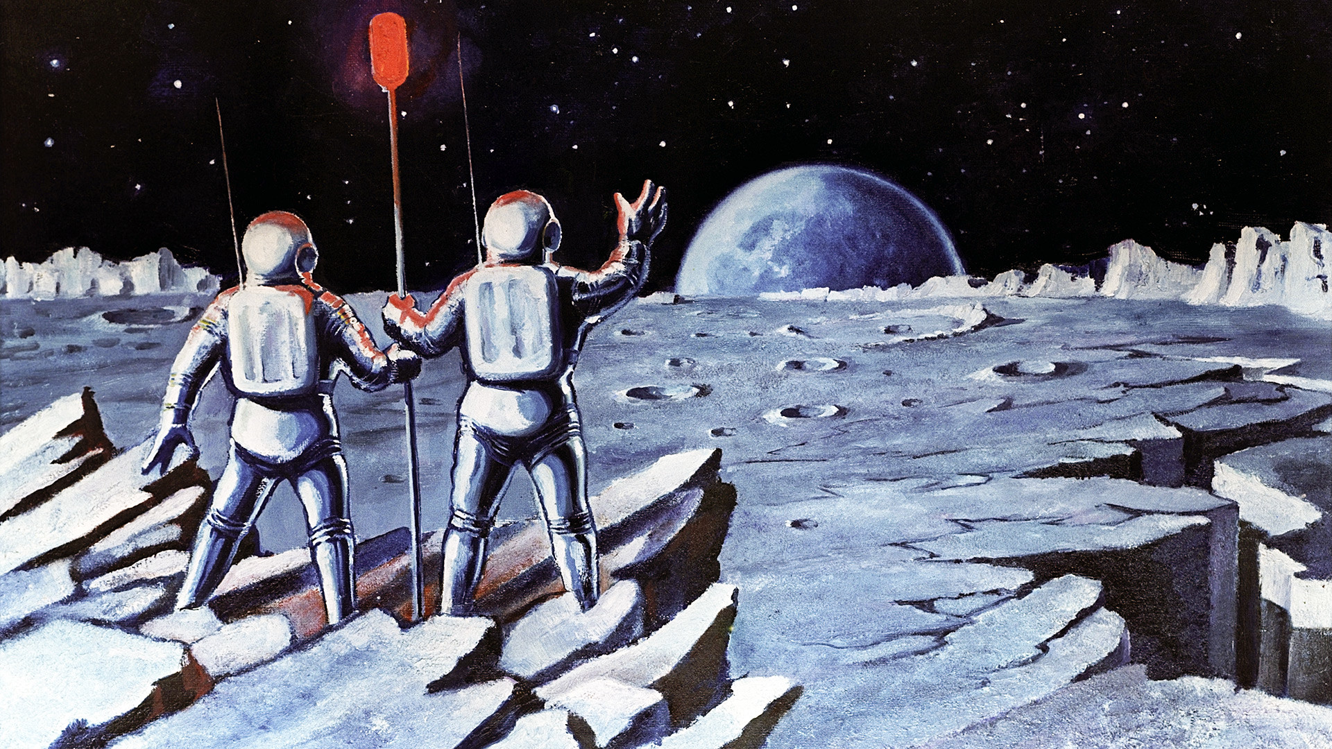 Umetniško delo Ljudje na Luni avtorja Alekseja Leonova, ZF umetnika in sovjetskega kozmonavta.
