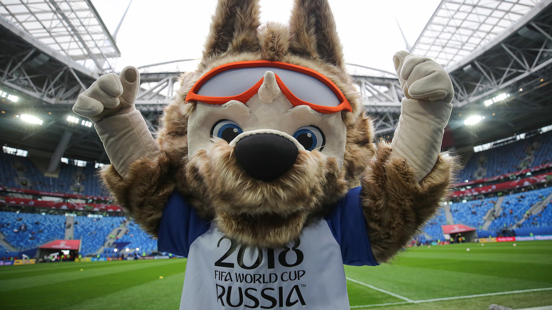 A person dressed as Zabivaka the Wolf, the 2018 FIFA World Cup official mascot.
