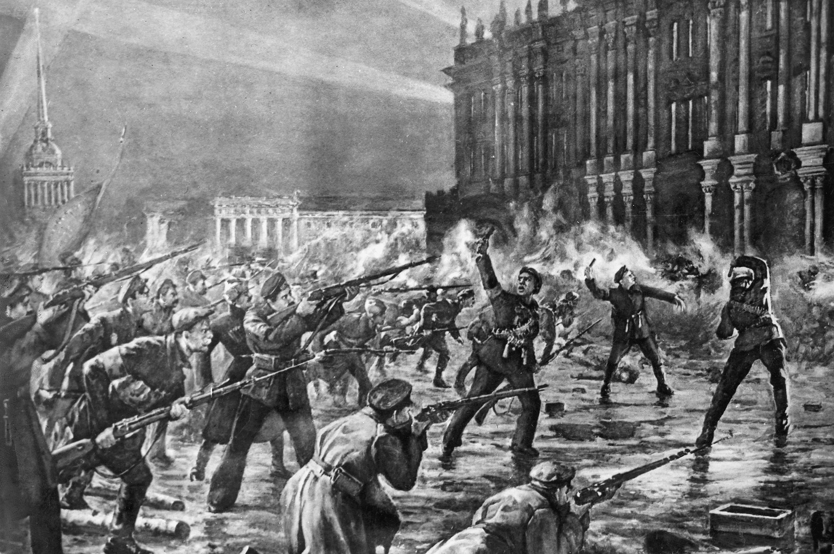 The Red Guards, soldiers and sailors, stormed the former Tsar's palace (Winter Palace) in November 1917.